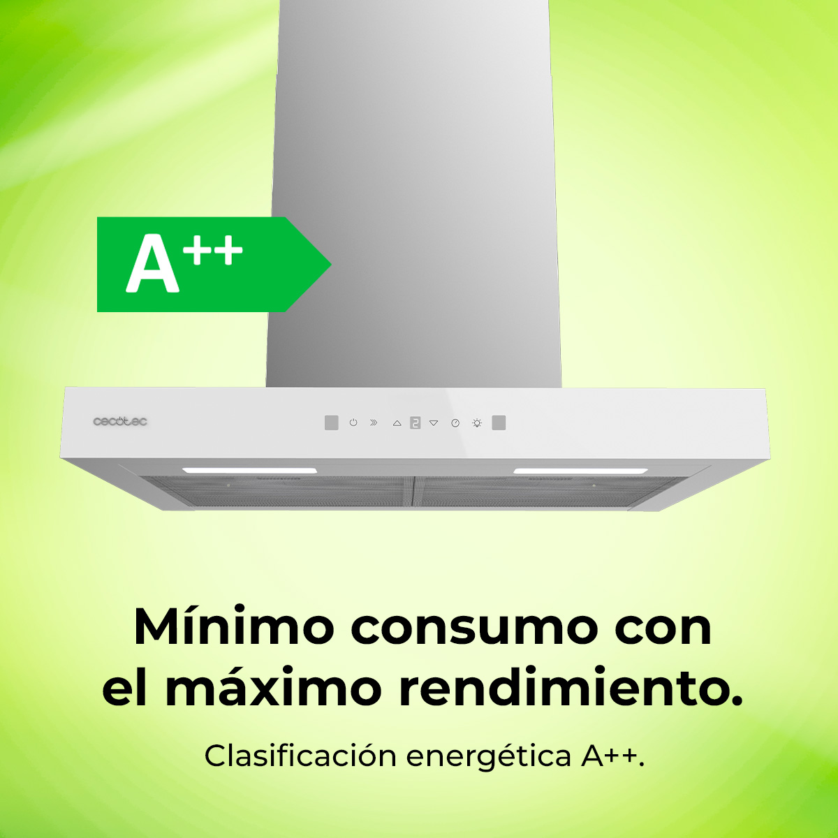 Campana extractora blanca con etiqueta energética A++. Texto: Mínimo consumo con el máximo rendimiento. Fondo degradado verde y amarillo.