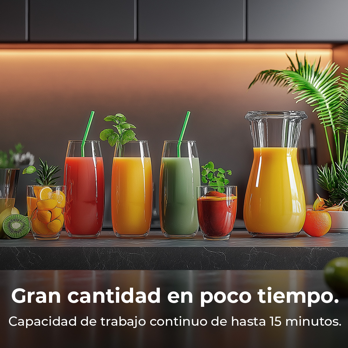 Vasos de jugos coloridos con pajitas. Frutas y plantas alrededor. Texto: Gran cantidad en poco tiempo.