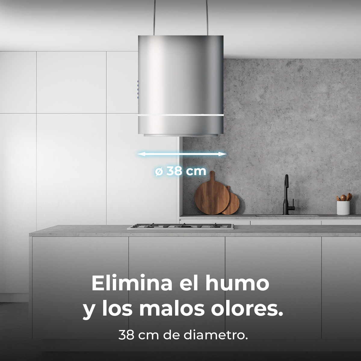 Una scena di cucina con una cappa in acciaio inossidabile. Ha un diametro di 38 cm. Testo: "Elimina el humo y los malos olores."