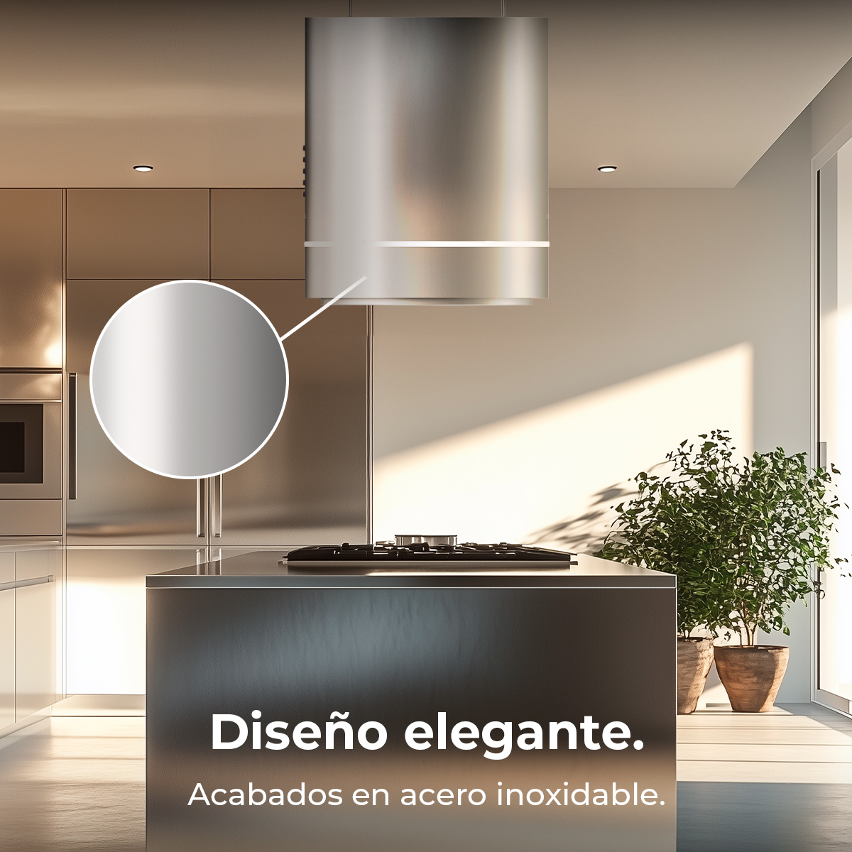 Cucina moderna con elettrodomestici in acciaio inox. Cappa metallica sopra il fornello. Testo: 'Design elegante' in spagnolo.