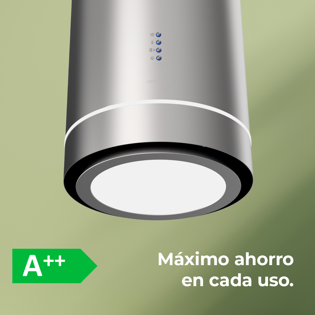 Cappa metallica con luce brillante, etichetta energetica verde e testo spagnolo sul risparmio energetico su sfondo verde.