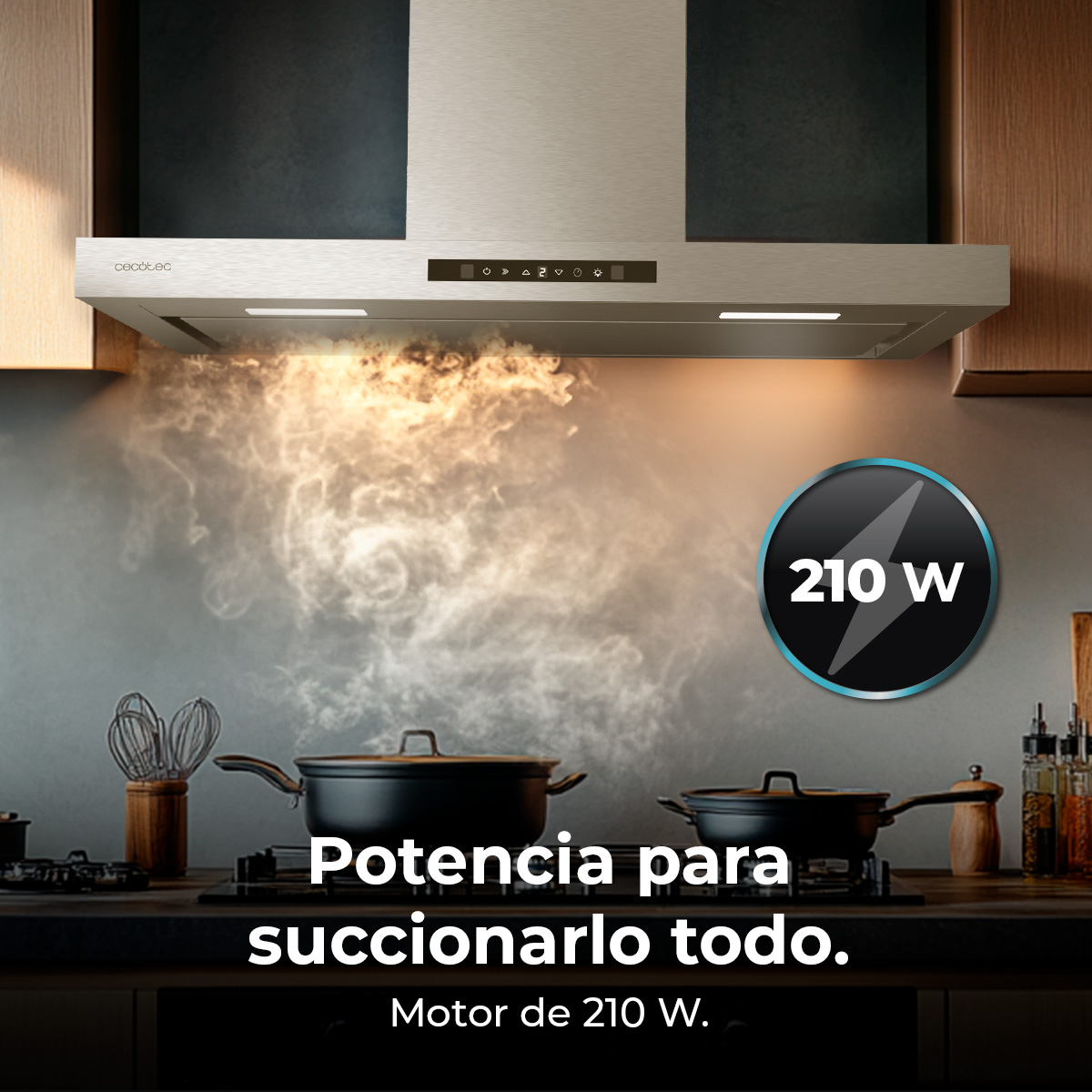 Escena de cocina con campana extractora sobre una estufa con ollas. El humo se eleva, un gráfico de botón de encendido está a la derecha.