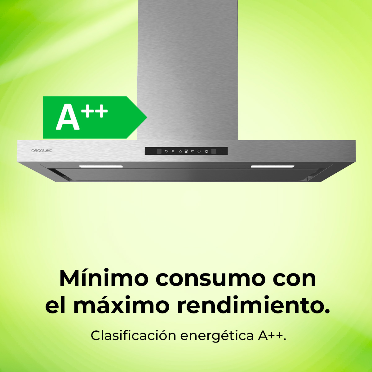 Campana extractora metálica con etiqueta verde A++. Texto: 'Mínimo consumo con el máximo rendimiento'.