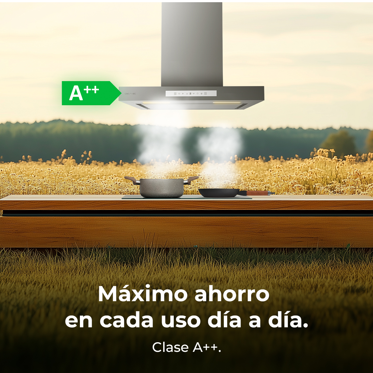 Una scena di cucina con una cappa, pentole e un campo sullo sfondo. Ha anche un'etichetta di efficienza energetica A++.