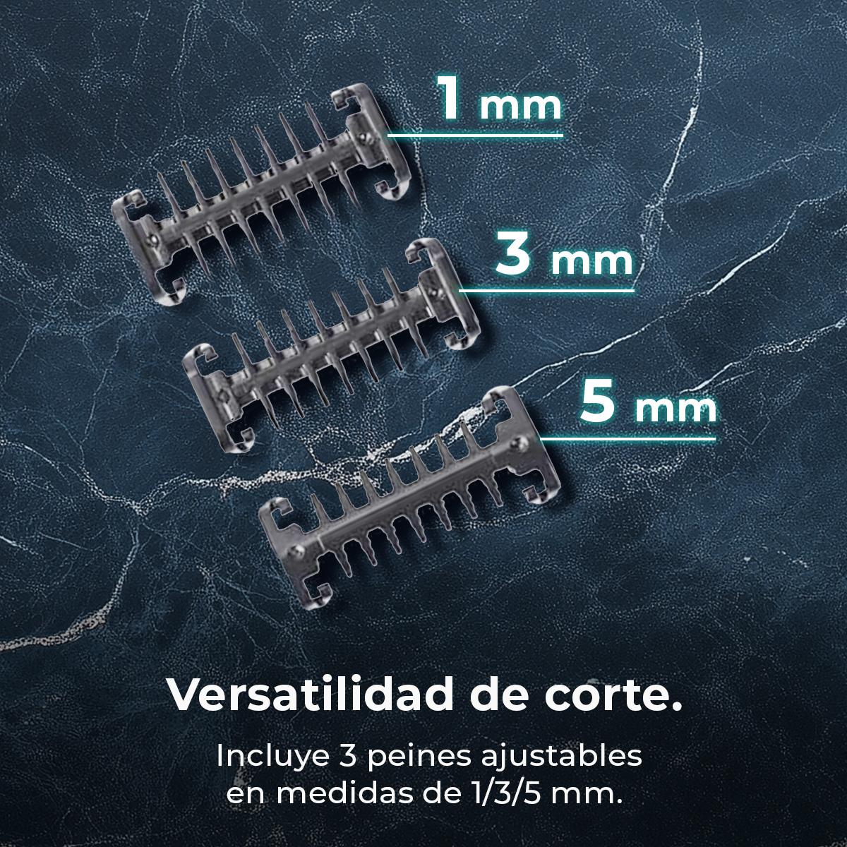 Drei Metall-Haarschneideaufsätze, beschriftet mit 1 mm, 3 mm und 5 mm, vor dunklem strukturiertem Hintergrund. Text: 'Schnitt-Vielseitigkeit'.