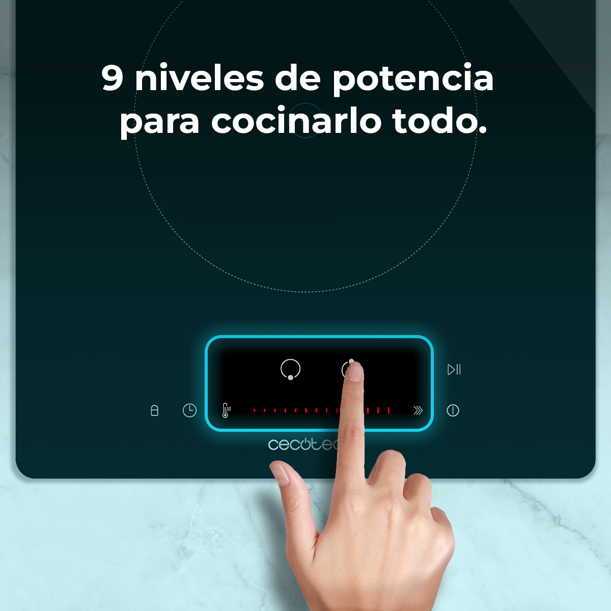 Una mano tocca un pulsante del piano cottura. Il testo recita '9 niveles de potencia para cocinarlo todo'.