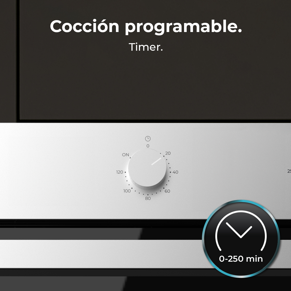 Panel de control del horno con perilla de temporizador. Texto: Cocción programable, Timer, 0-250 min. Los números en el dial son 0, 20, 40, 60, 80, 100, 120.