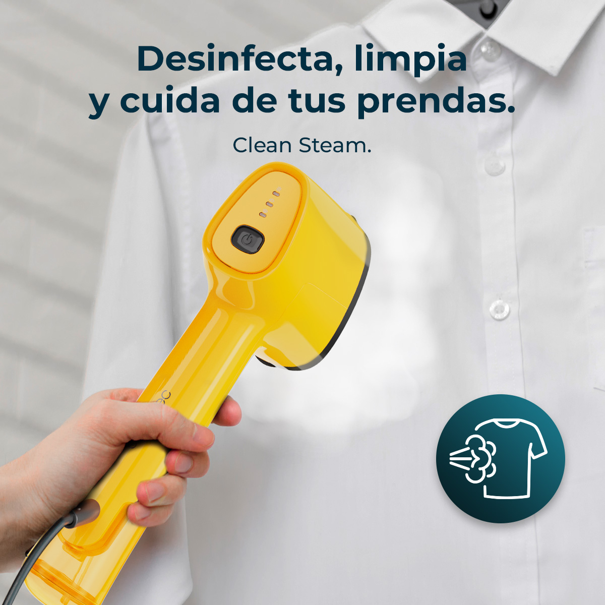 A yellow clothes steamer being held. It steams a white shirt. Text says: Clean Steam. Disinfects, cleans, and cares for your clothes.
