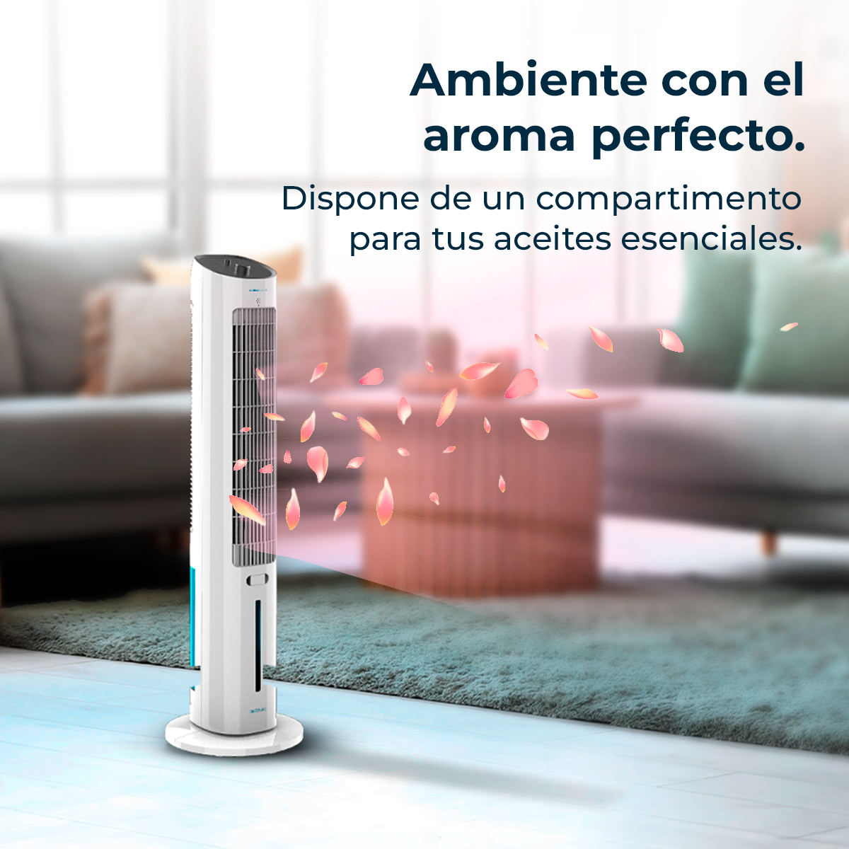 Un ventilatore a torre bianco con petali rosa, in un soggiorno. Il testo recita 'Aroma perfetto'. Ha un vano per oli essenziali.