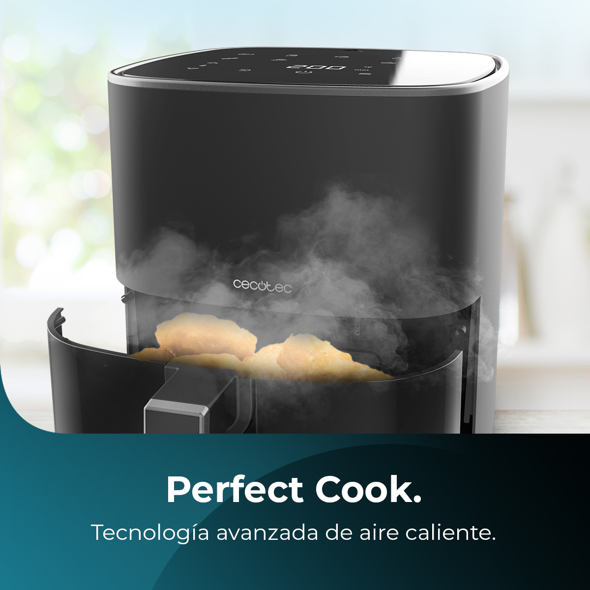 Czarna frytownica powietrzna z jedzeniem w środku, para unosi się. Tekst: 'Perfect Cook' i 'zaawansowana technologia powietrza'.