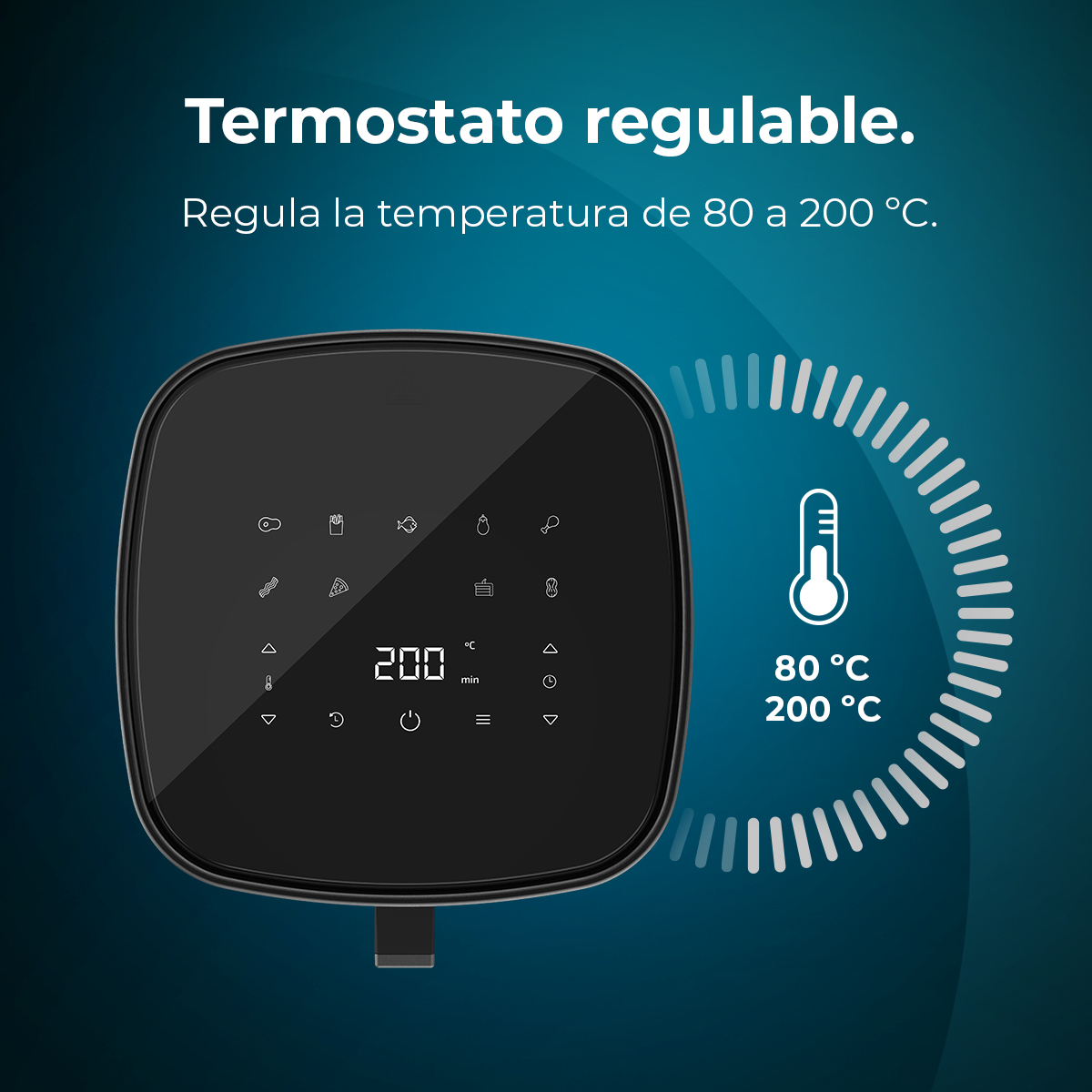 Czarna frytkownica powietrzna z cyfrowym wyświetlaczem pokazującym 200°C. Termometr pokazuje temperatury od 80°C do 200°C. Tekst: 'Termostato regulable'.