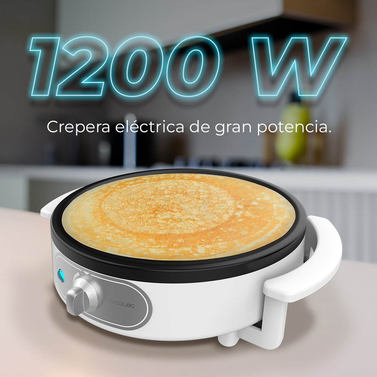Crepiera bianca con crepe cotta. Testo: '1200 W' e 'Crepera eléctrica de gran potencia'.