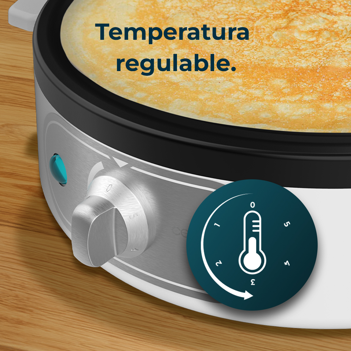 Una crepiera con quadrante della temperatura. Il quadrante mostra un simbolo di termometro e i numeri 0-5. Il testo dice 'Temperatura regulable'.