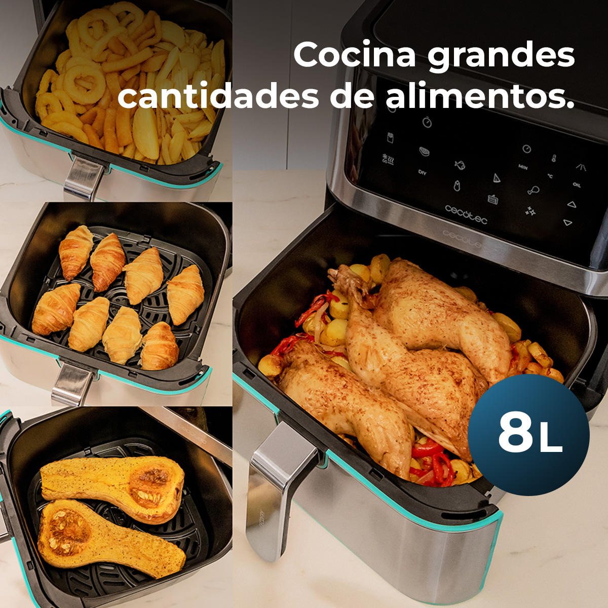 Frytownica beztłuszczowa z frytkami, rogalikami, pieczonym kurczakiem i dynią. Ma pojemność 8L.