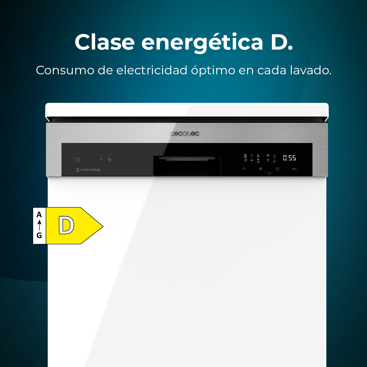 Zmywarka o klasie energetycznej 'D'. Wyświetla czas i elementy sterujące. Tekst brzmi 'Clase energética D' i 'Consumo de electricidad óptimo'.