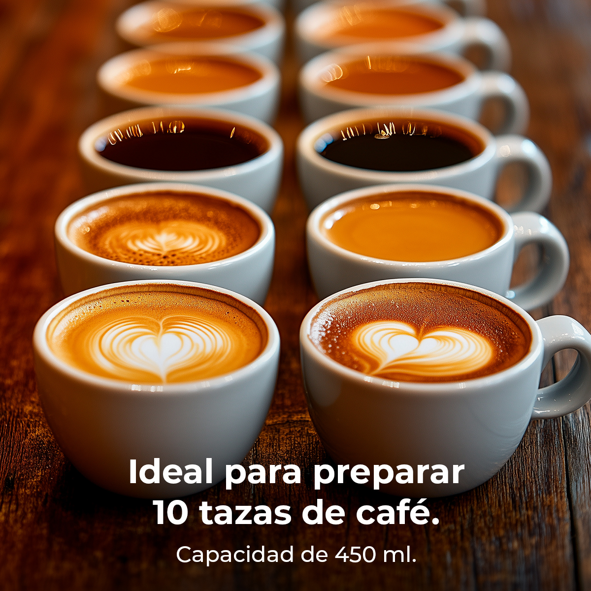 Diez tazas blancas de café dispuestas en filas. Algunas tienen arte latte. El texto dice 'Ideal para 10 tazas de café'.