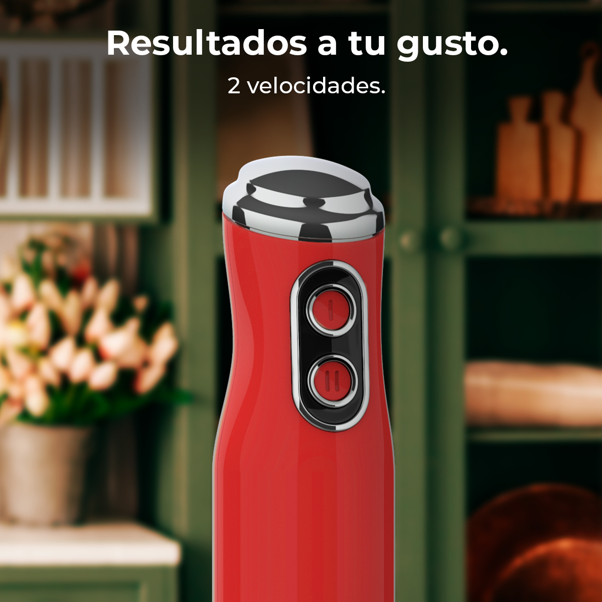 Un frullatore a immersione rosso con due pulsanti di velocità è a fuoco. Sullo sfondo un mobile verde e un vaso con fiori.