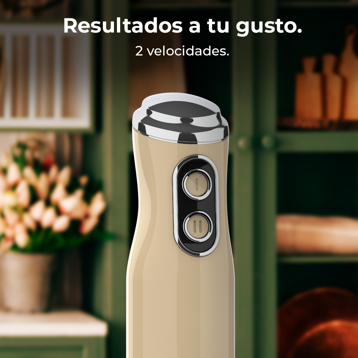 Un frullatore a immersione beige con due pulsanti. Il testo in alto dice: 'Risultati a tuo piacimento. 2 velocità.' Lo sfondo è un mobile verde.