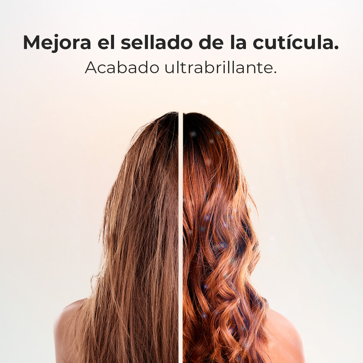 L'immagine mostra due metà dei capelli di una donna. Una metà è opaca, l'altra lucida. Il testo dice: 'Migliora la sigillatura delle cuticole', 'Finitura ultra-lucida'.