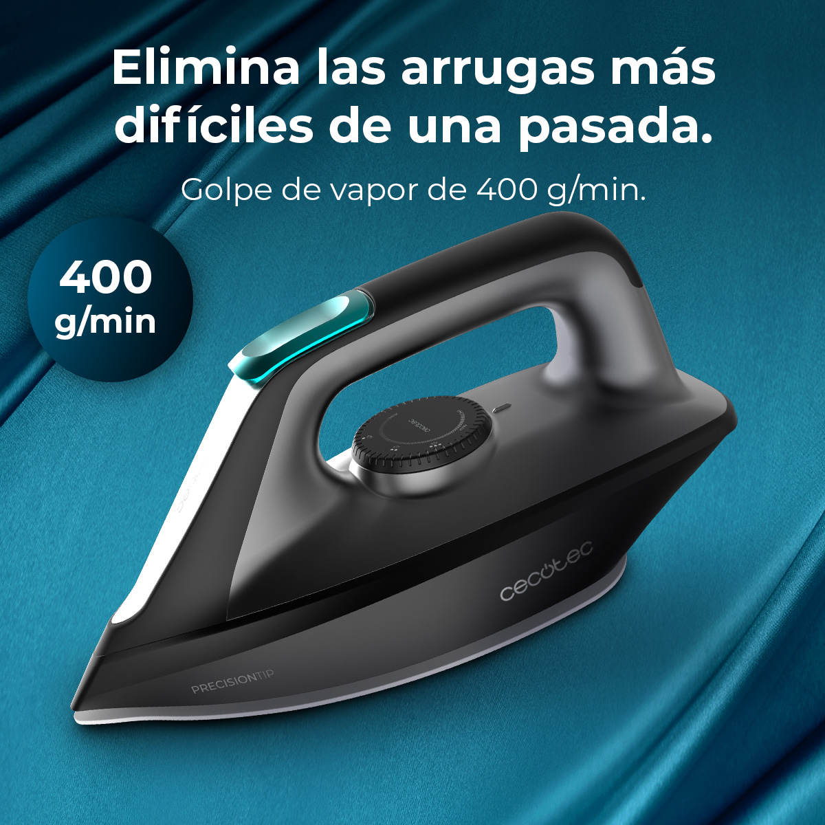 Czarne żelazko na niebieskiej tkaninie. Tekst: „Elimina las arrugas más difíciles de una pasada.” i „400 g/min”.