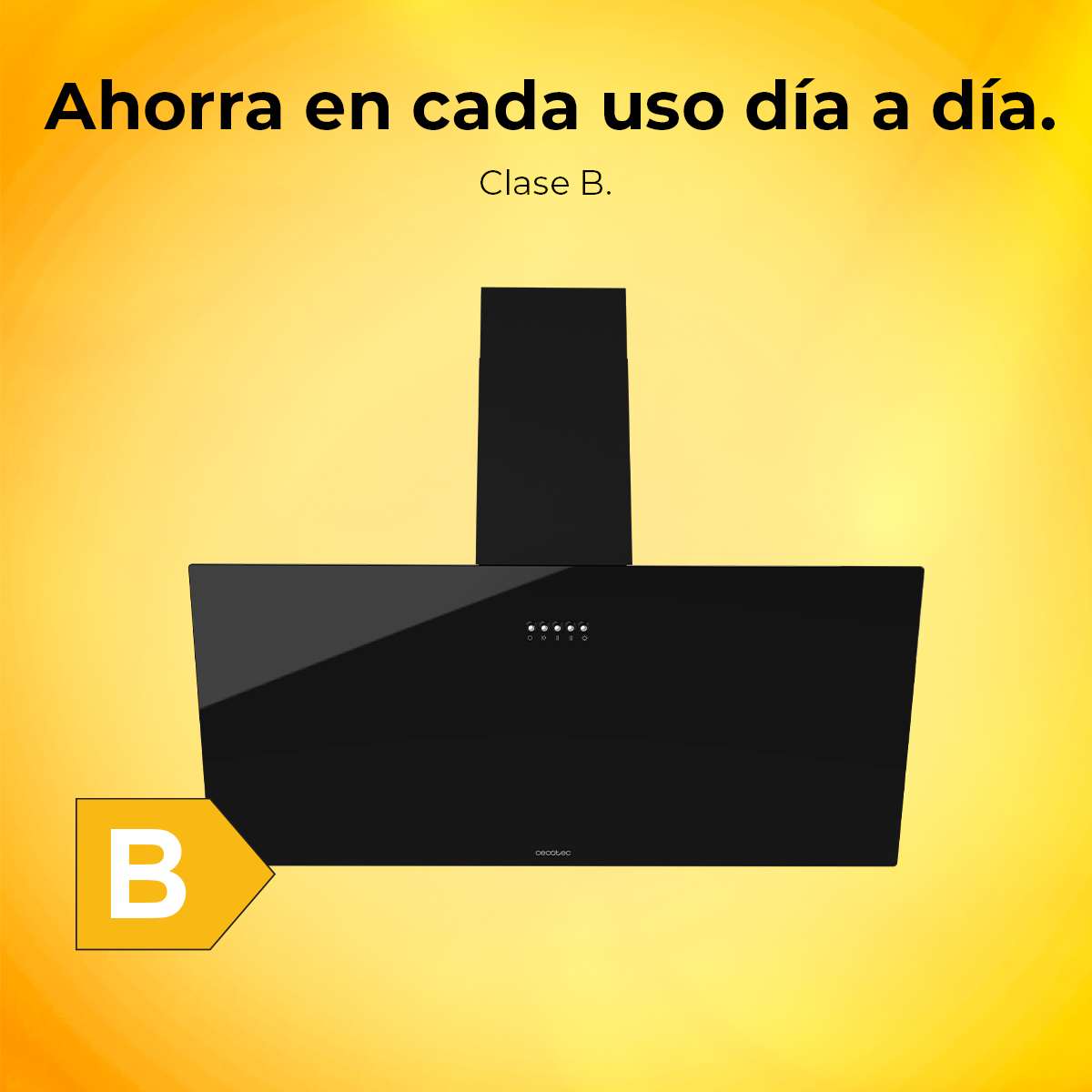 Una campana extractora negra con etiqueta de eficiencia energética B, sobre un fondo amarillo. Texto en español.