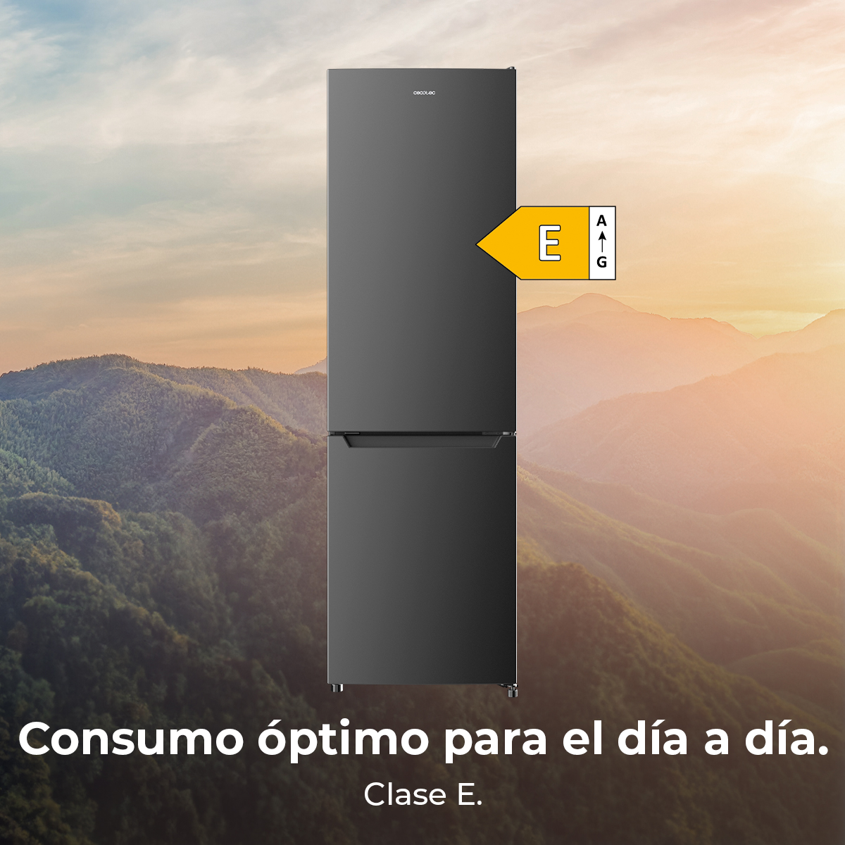 Czarna lodówka z etykietą efektywności energetycznej na tle gór i nieba. Tekst mówi 'Klasa E'.