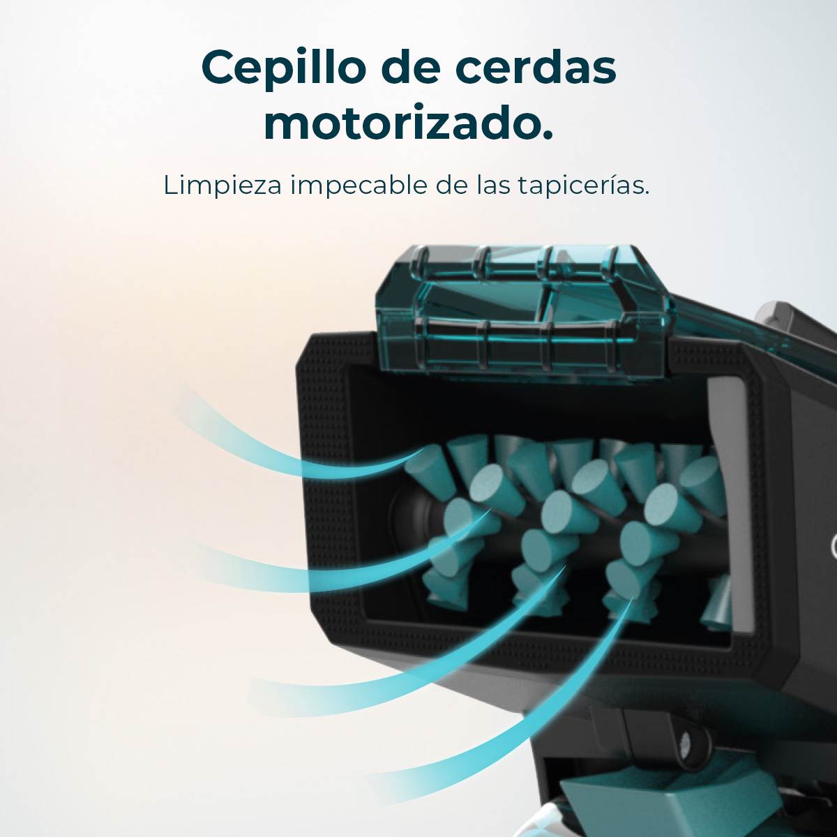 Primer plano de un cepillo motorizado. El cepillo tiene cerdas azules y es negro. El texto superior dice 'Cepillo motorizado'.