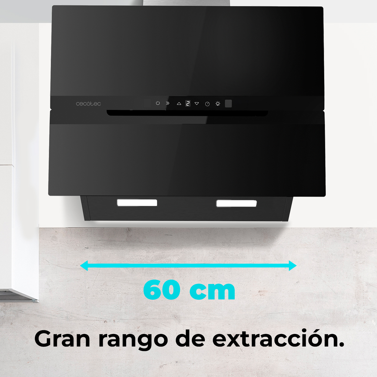 Cappa nera con pannello di controllo, larga 60 cm. Testo: 'Gran rango de extracción'. La cappa è montata a parete.