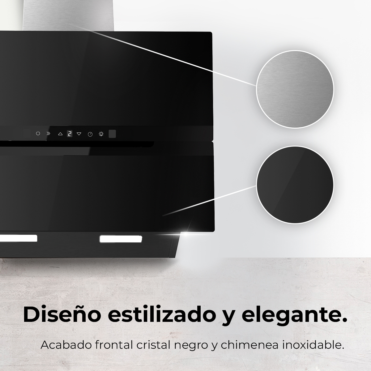 Cappa nera e acciaio. Presenta comandi touch, due luci e un design elegante. Testo: 'design elegante e stilizzato'.