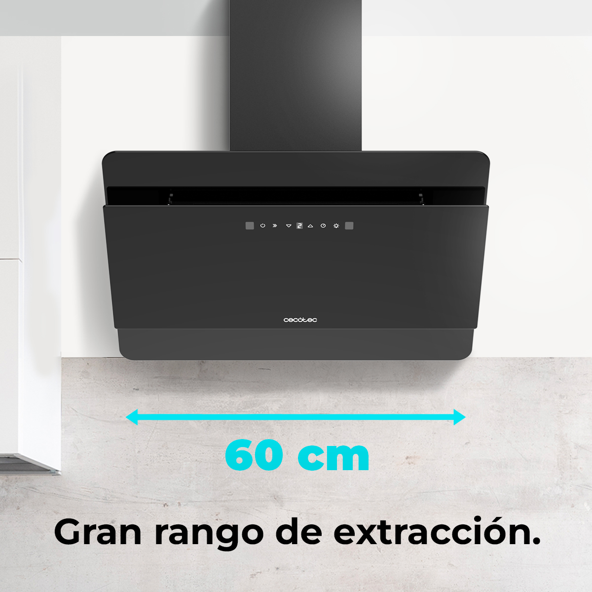 Campana extractora negra con panel de control, 60 cm de ancho. Texto abajo: 'Gran rango de extracción'.