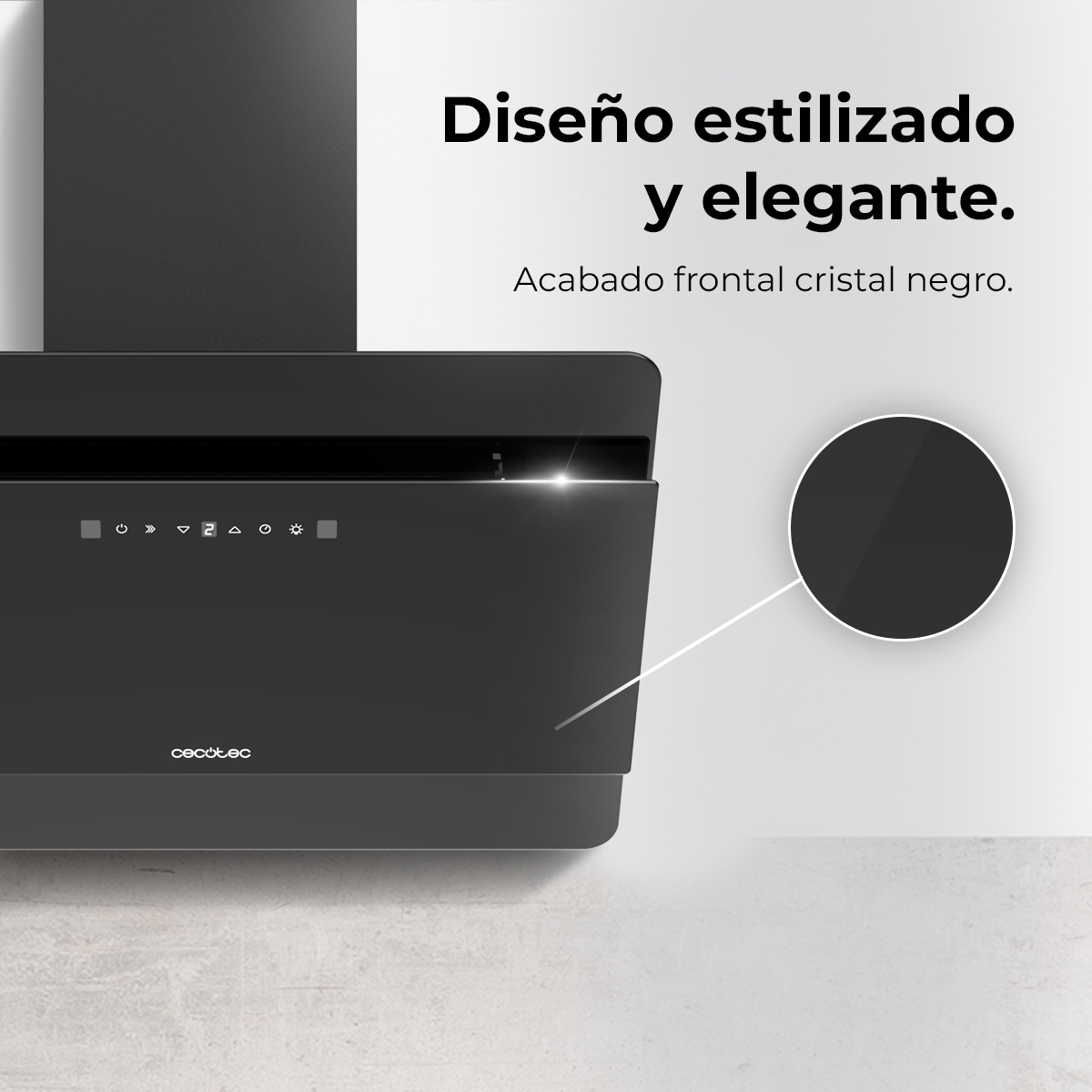 Una elegante campana extractora negra con panel de control y la marca 'cecotec'. Texto: 'Diseño elegante, acabado frontal de cristal negro'.