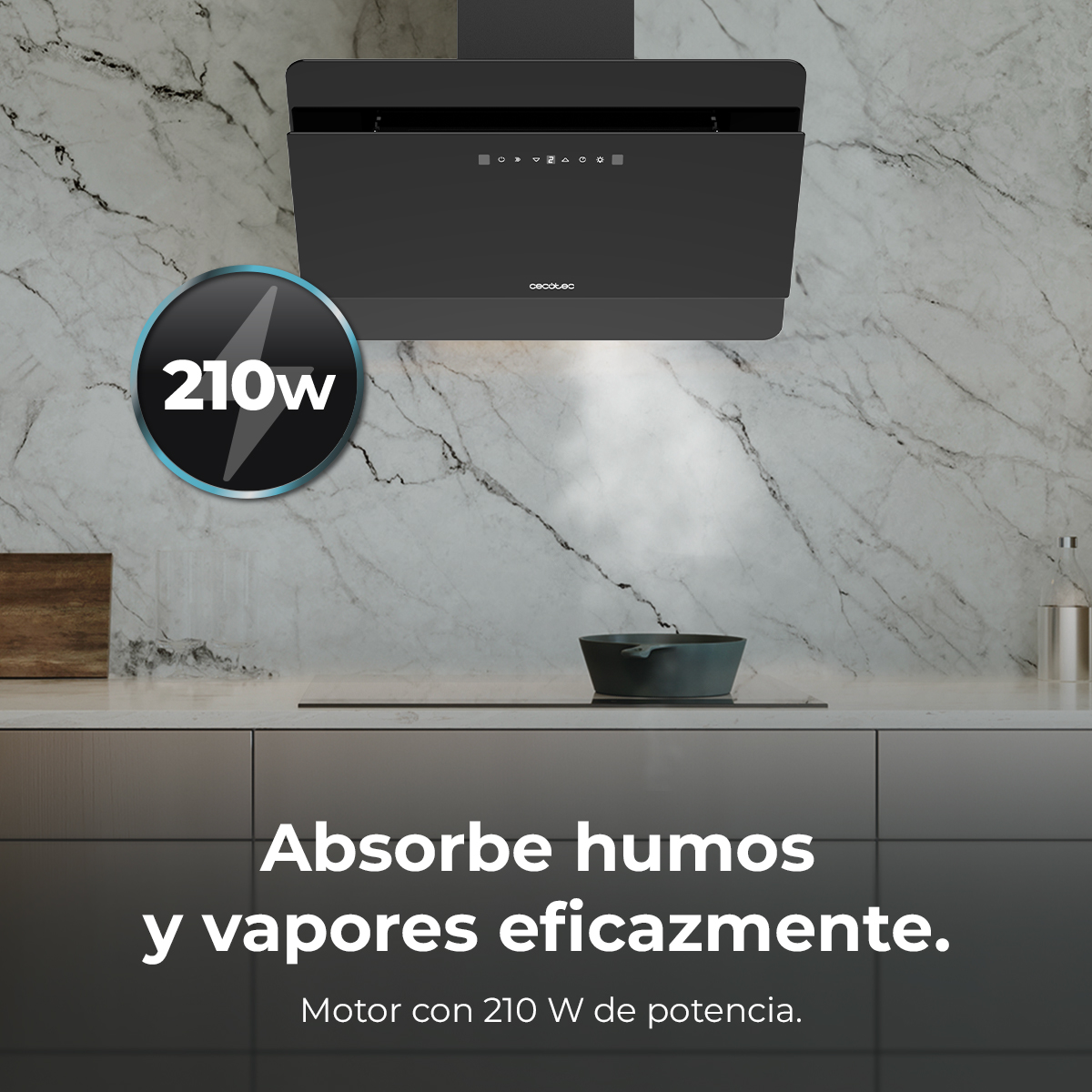 Campana extractora negra con indicador de potencia de 210W, sobre una estufa. El texto dice: Absorbe humo y vapores eficazmente.