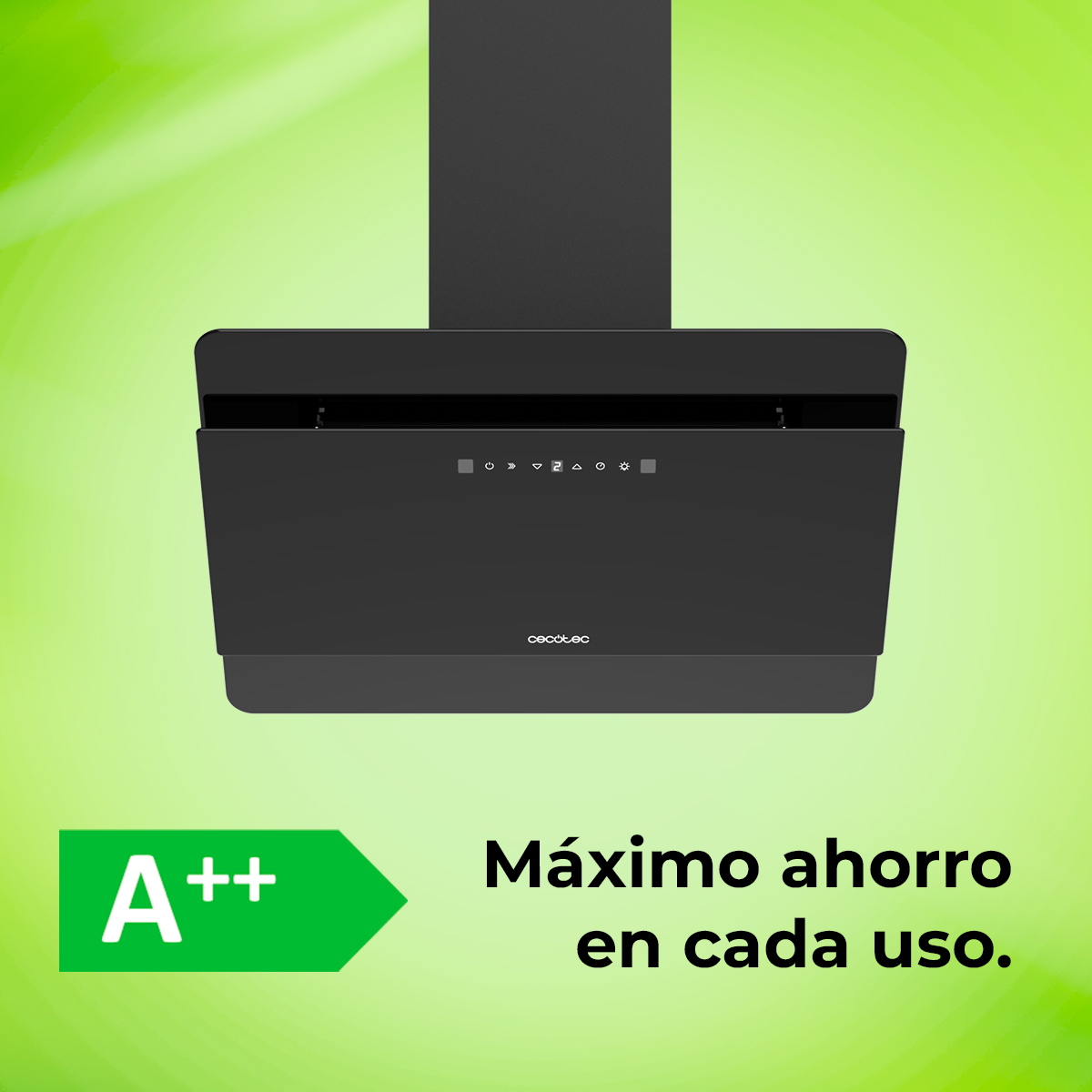 Campana de cocina negra con panel de control, etiqueta energética verde y texto en español: 'Máximo ahorro en cada uso'.