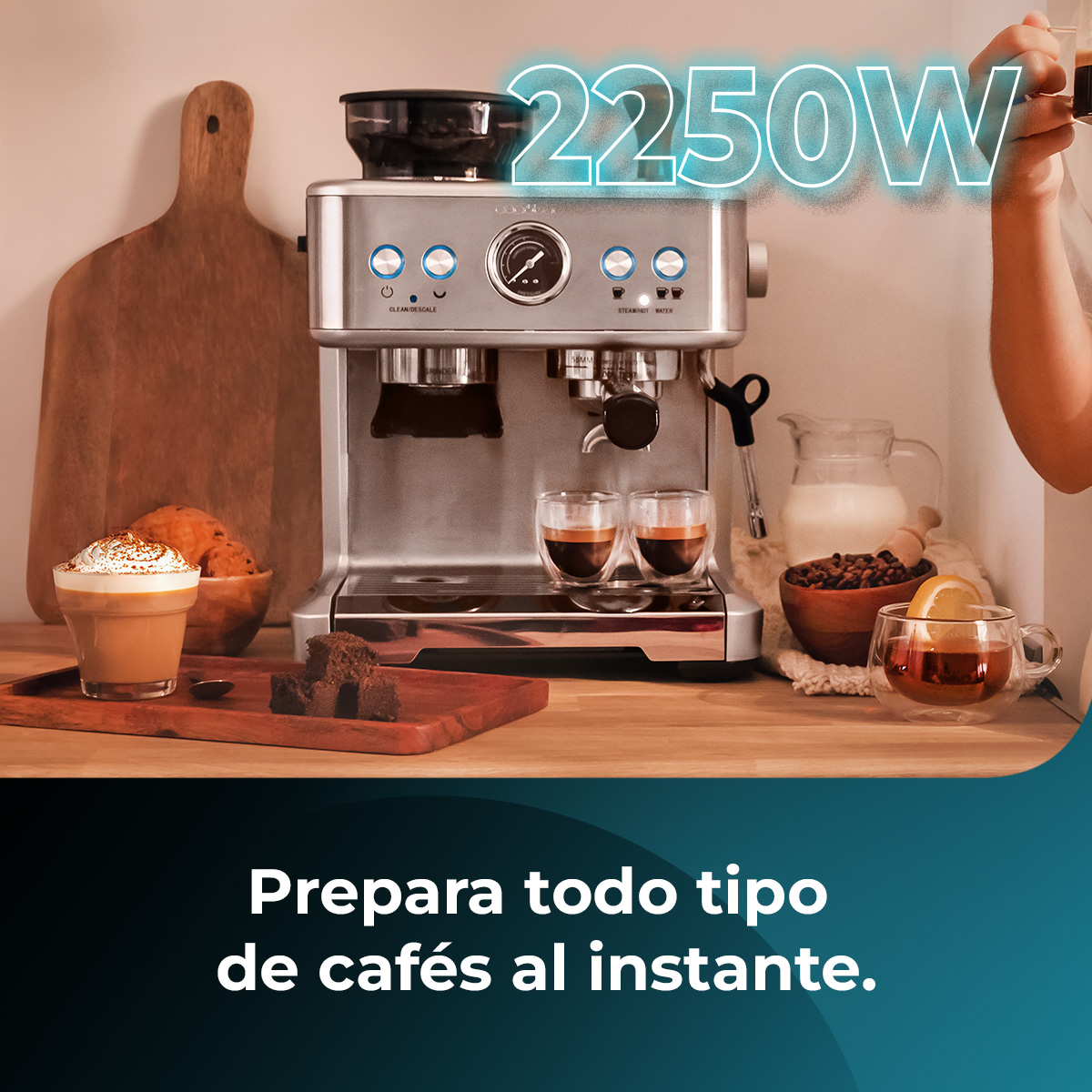 Ekspres do kawy z filiżankami kawy, brownie i latte. Tekst: 'Prepara todo tipo de cafés al instante' (Przygotuj wszystkie rodzaje kawy natychmiast).