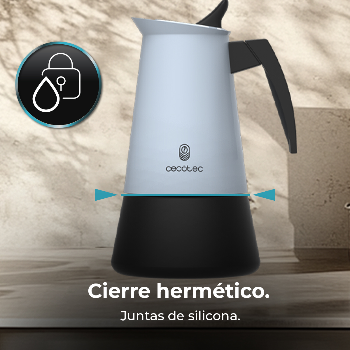 Una caffettiera con base e manico neri, corpo azzurro, parte superiore nera. Un'icona di blocco sullo sfondo. Testo: Cierre hermético.