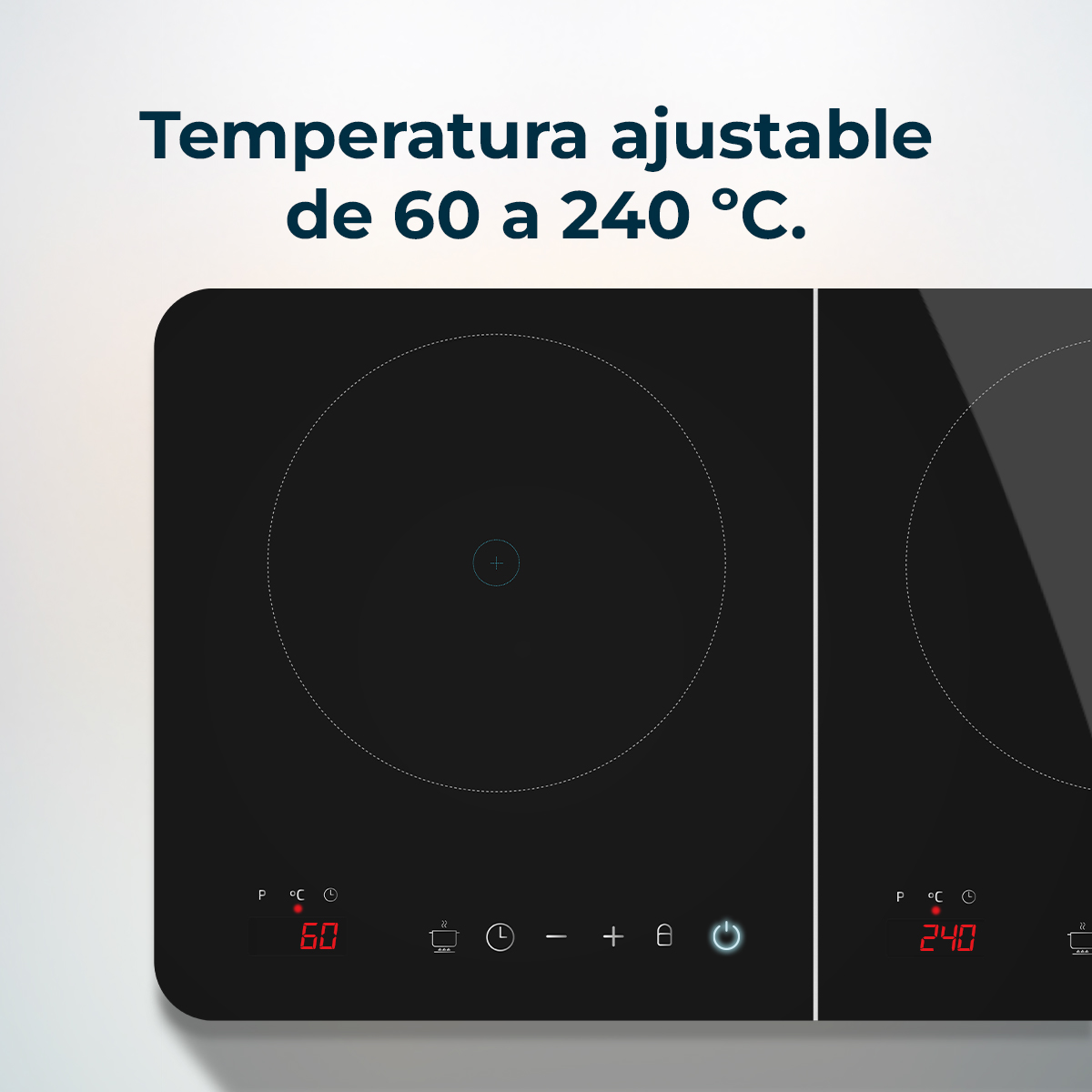 Czarna płyta indukcyjna z dwoma palnikami. Jeden wyświetla 60°C, drugi 240°C. Zakres temperatur regulowany od 60 do 240°C.