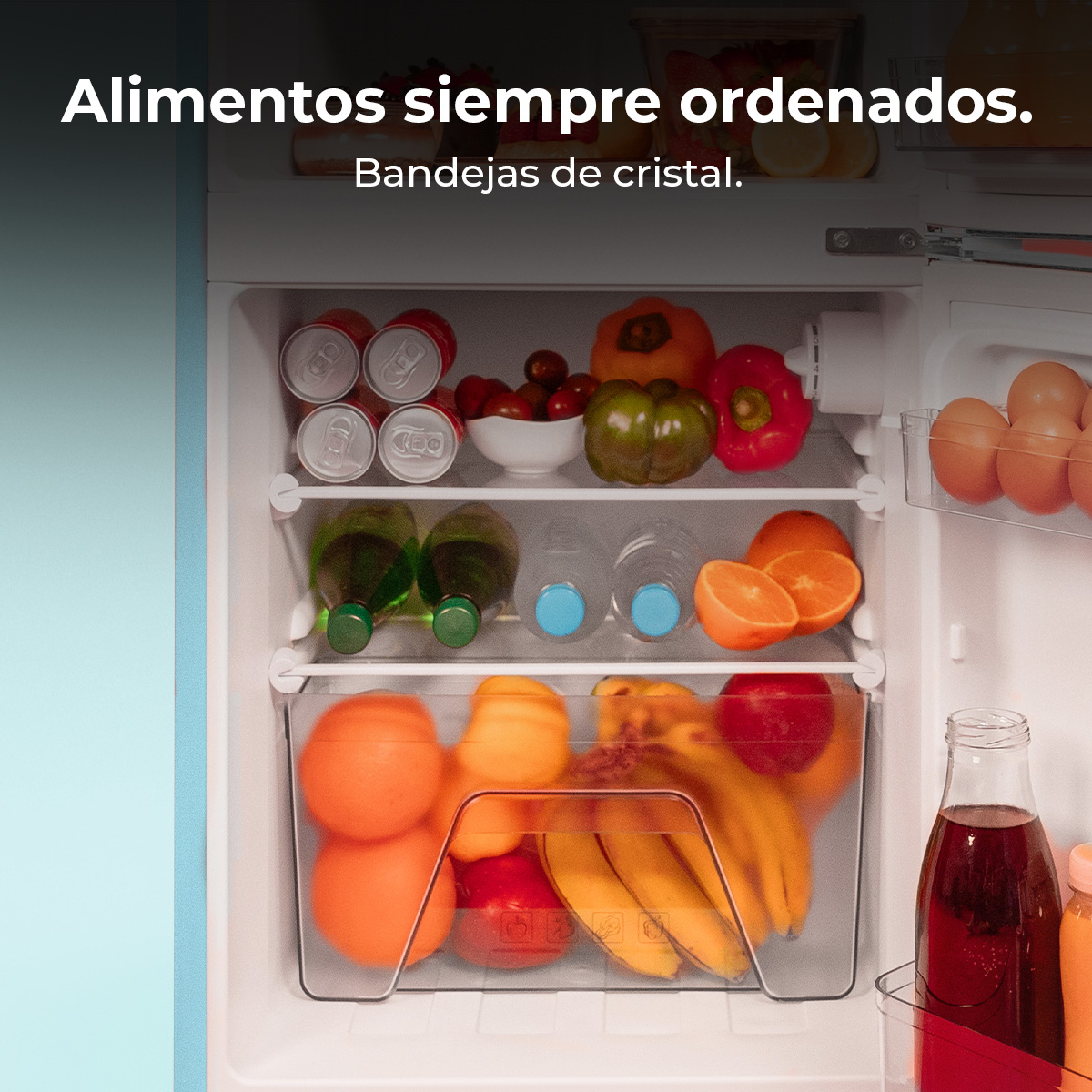 Lodówka wypełniona owocami, warzywami, napojami i jajami. Artykuły są ułożone w przezroczystych pojemnikach i na półkach.