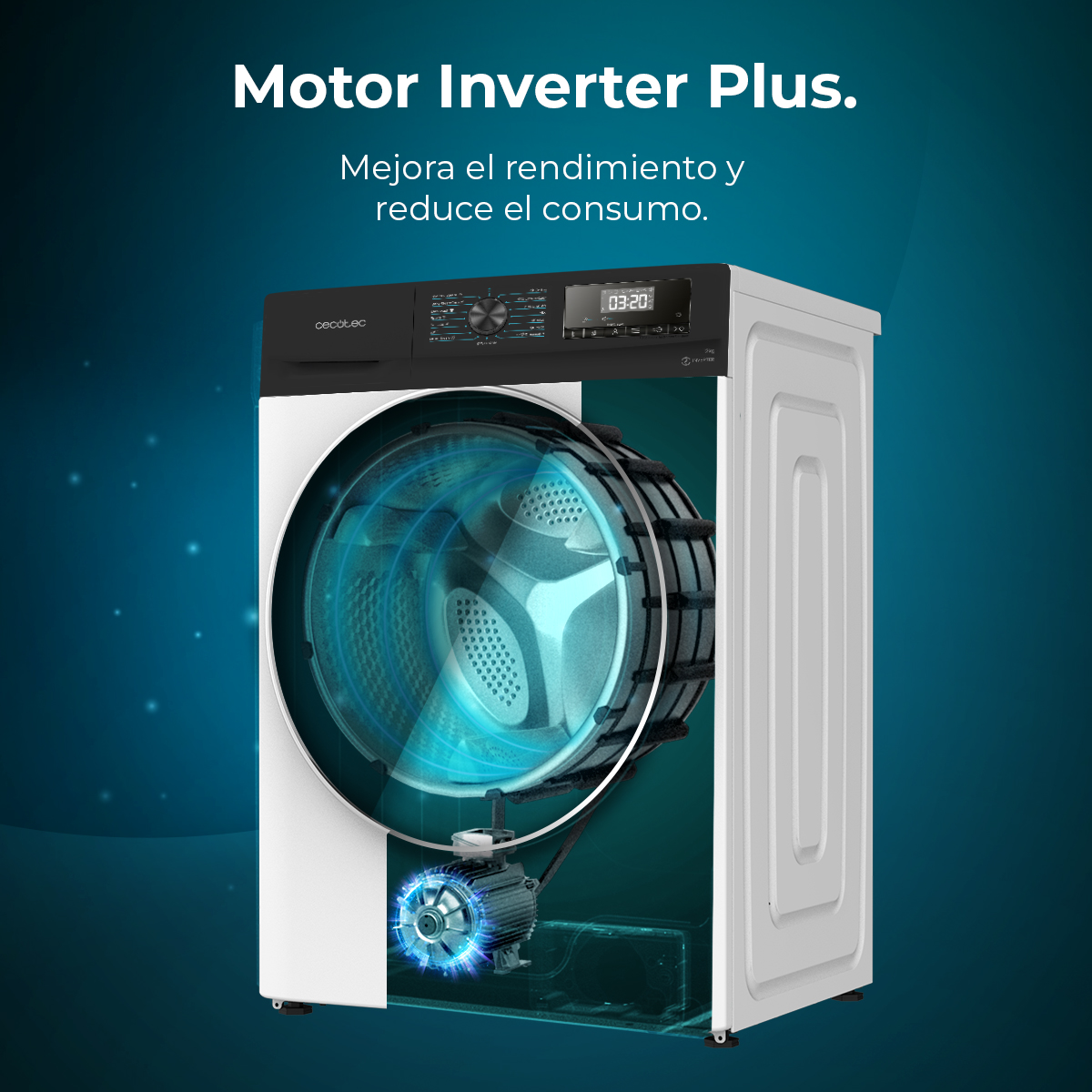 Una lavatrice con cestello trasparente, che rivela il motore e i componenti interni. Testo: 'Motor Inverter Plus'.