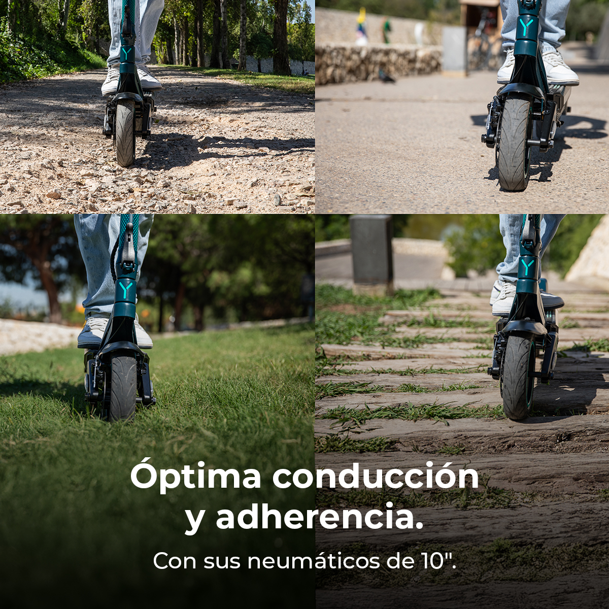 Persona montando un patinete eléctrico en diferentes terrenos. El patinete es negro y verde azulado. El texto dice: conducción y agarre óptimos.