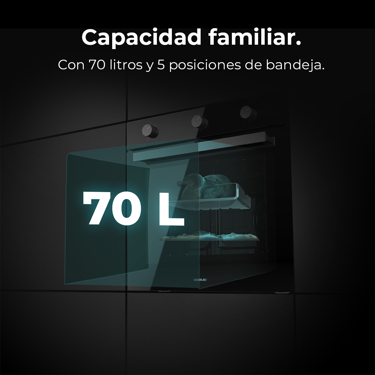 Horno negro con puerta de cristal, muestra capacidad de 70L. Dentro, una bandeja con comida visible. Texto: capacidad familiar.
