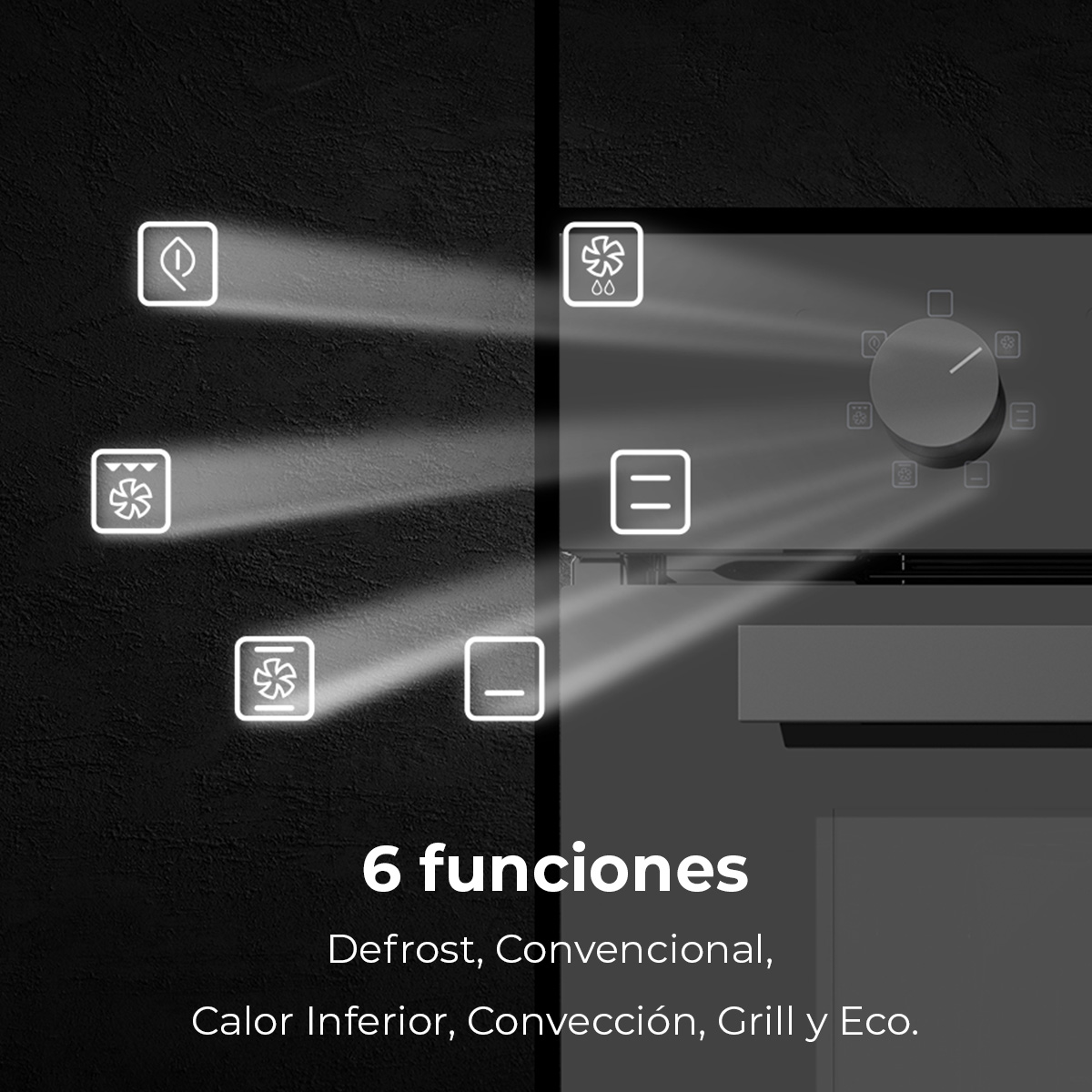 Panel de control del horno con símbolos para funciones como descongelar, convección, grill. Texto: '6 funciones' y nombres de funciones.