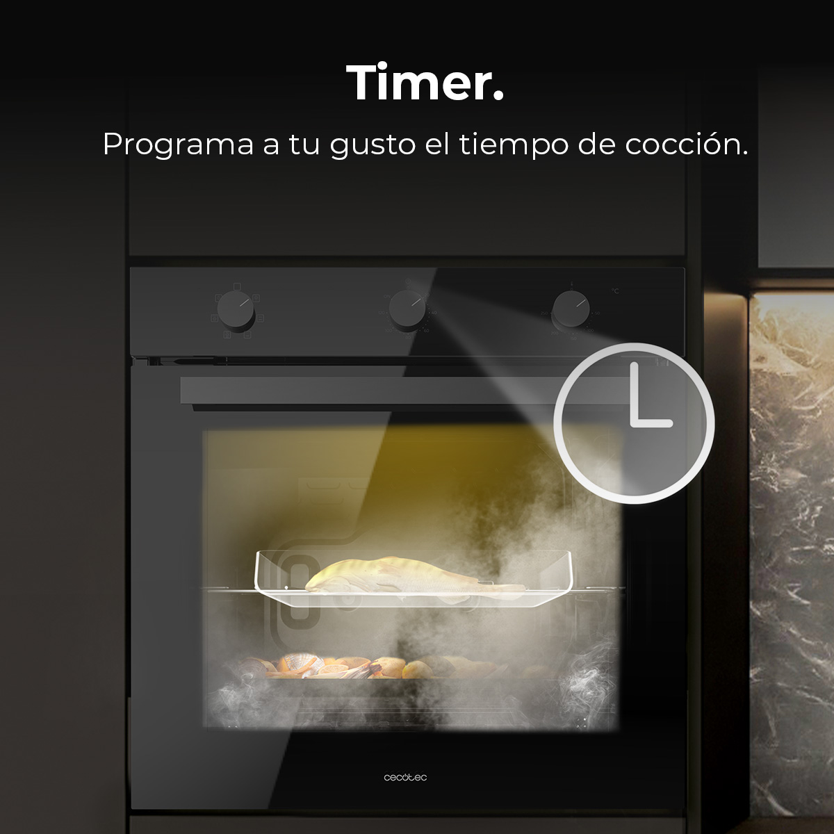 Horno negro con icono de temporizador. Dentro, se ve pescado y verduras cocinados a través del cristal. El texto dice 'Timer'.