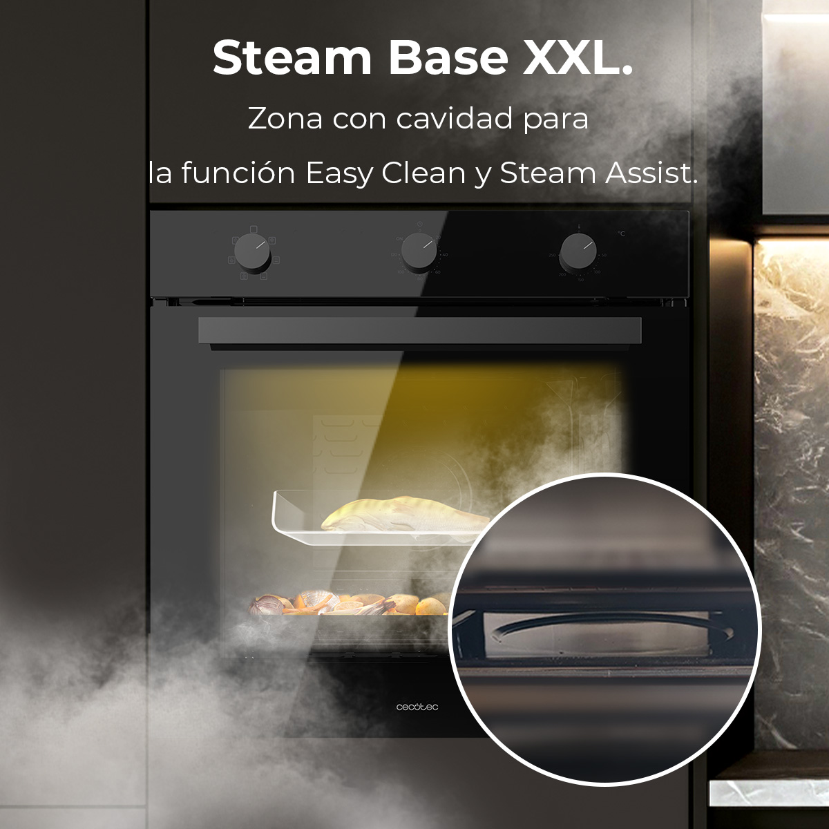 Un horno negro con vapor. Dentro hay comida. El texto dice 'Steam Base XXL' y menciona Easy Clean y Steam Assist.