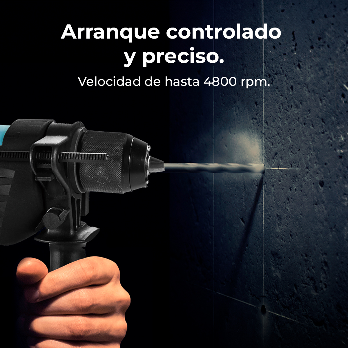 Una mano sostiene un taladro negro, perforando una pared oscura. El texto superior dice 'Arranque controlado y preciso'. Velocidad hasta 4800 rpm.