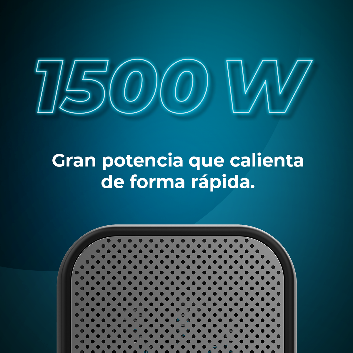 L'immagine mostra il testo 1500W in stile neon blu. Sotto, il testo dice 'Grande potenza che si riscalda rapidamente'. Un dispositivo perforato in basso.