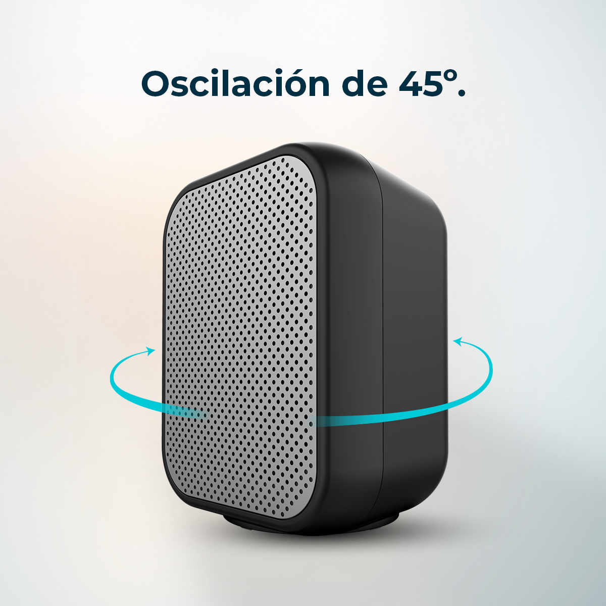 Un riscaldatore oscillante nero e argento. Il testo recita 'Oscilación de 45°'. Le frecce blu indicano il movimento di oscillazione.