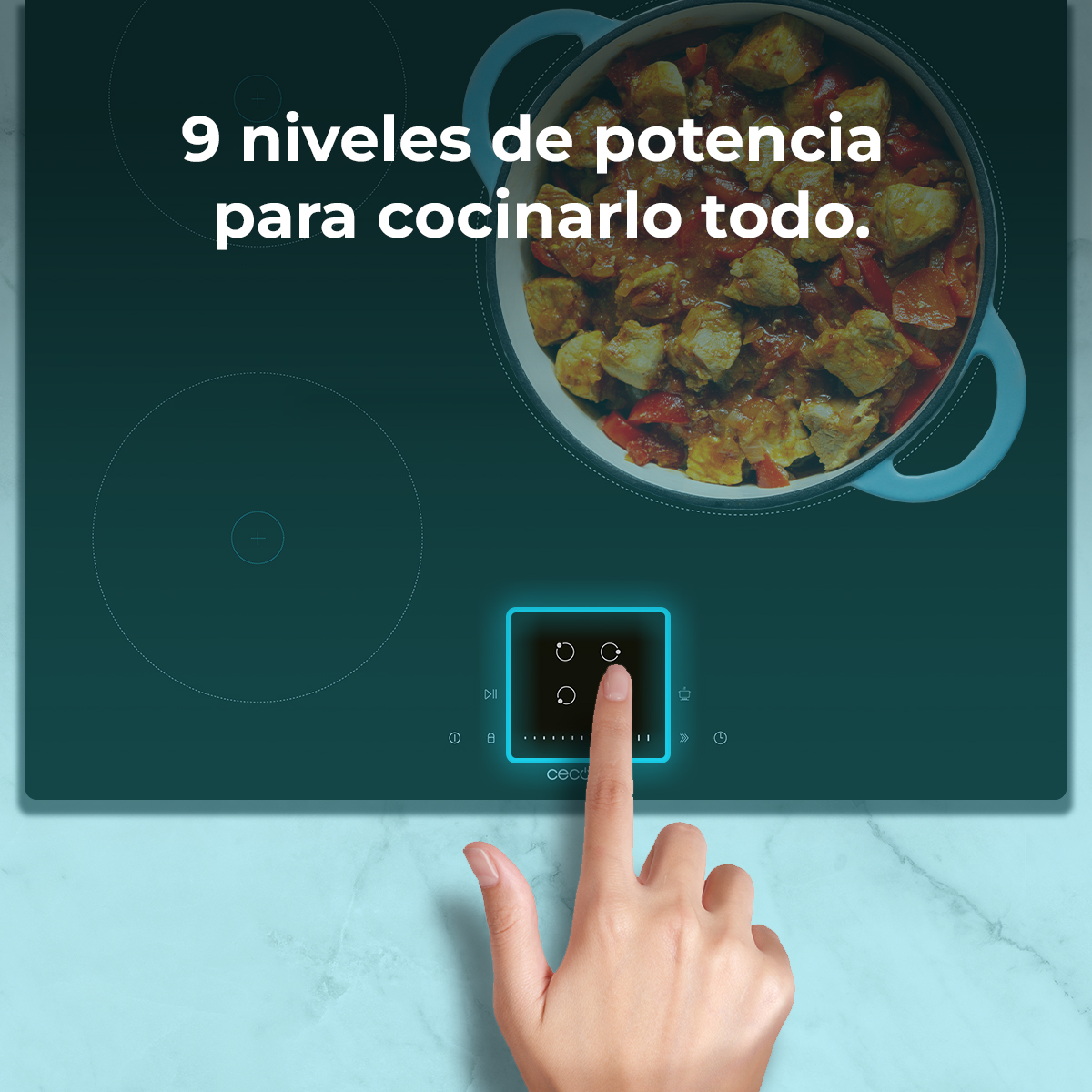 Una mano toca una placa de inducción. Una olla con comida está en la placa. Texto: 9 niveles de potencia para cocinar todo.