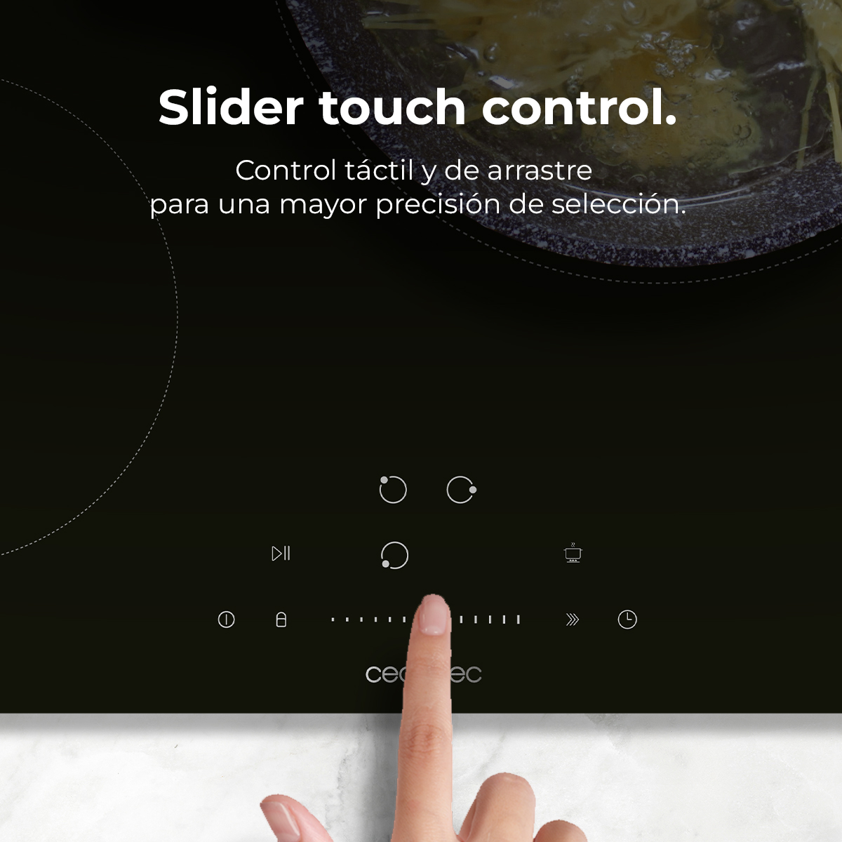 Una mano toca una placa de inducción negra con controles táctiles. El texto dice: 'Control táctil deslizante'.