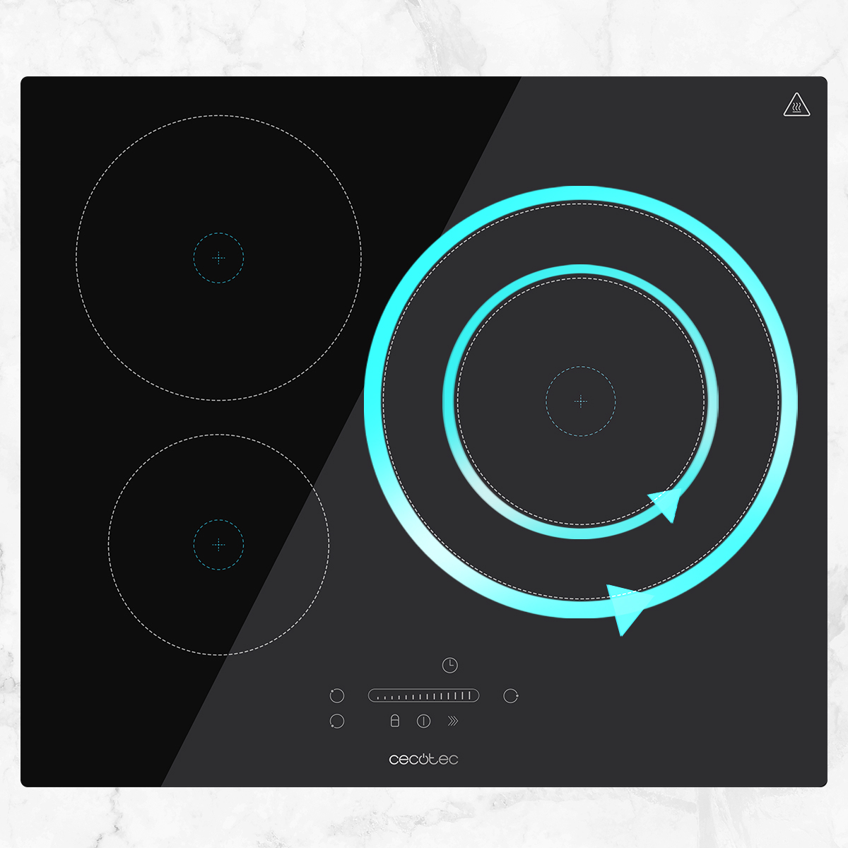 Czarna płyta indukcyjna z trzema strefami grzewczymi. Niebieski grafika spiralna wskazuje funkcję. Widoczne elementy sterujące i logo Cecotec.