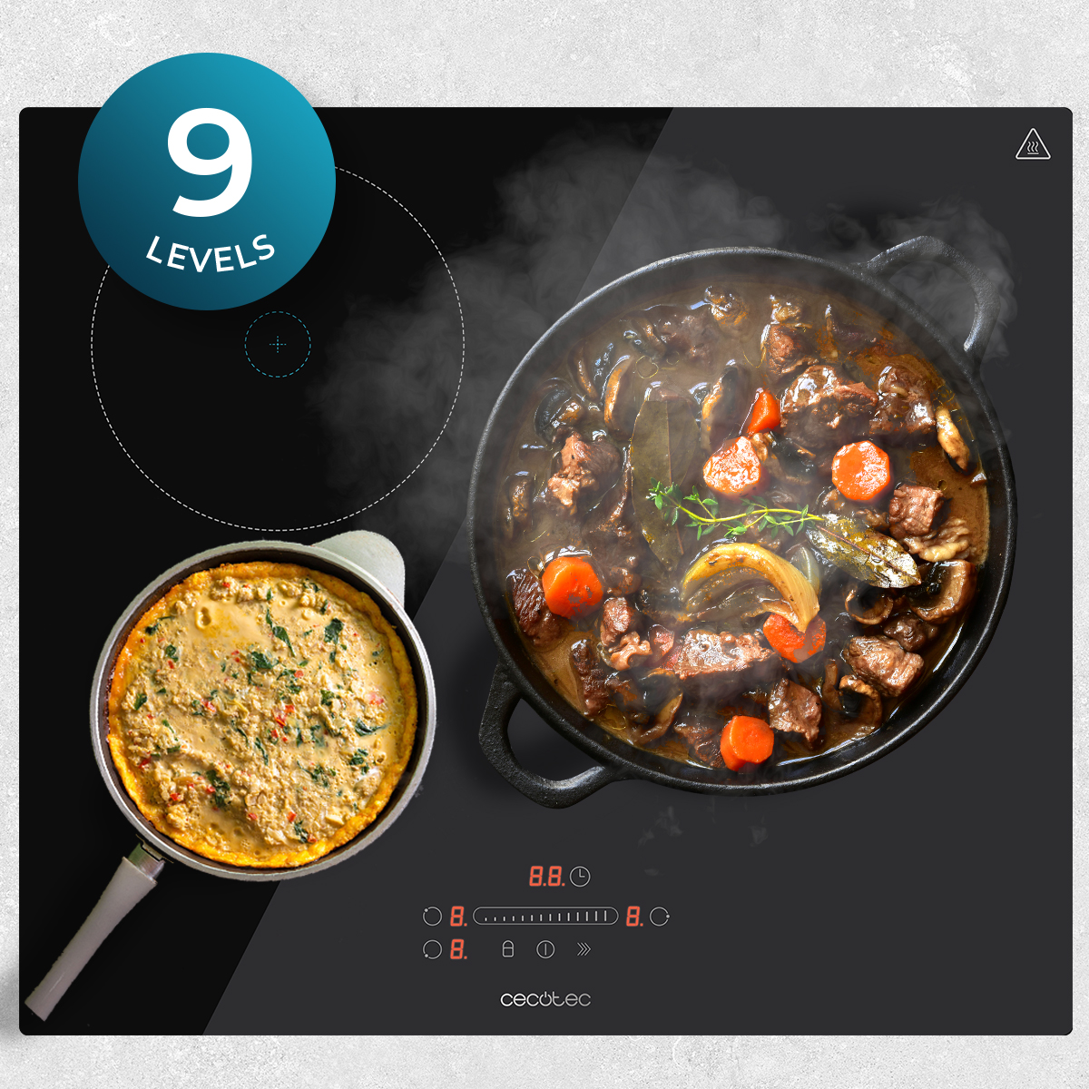Czarna płyta indukcyjna z patelnią frittaty i garnkiem gulaszu. Niebieskie koło wyświetla '9 poziomów'.